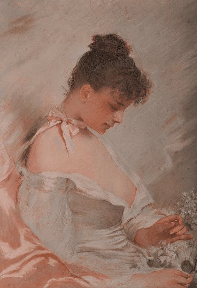 Charles Joshua Chaplin - Ritratto di una giovane ragazza semi nuda, con in mano dei fiori
